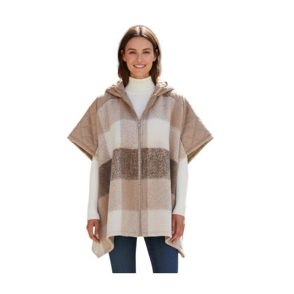 Time And Tru Stone Plaid Hooded Zipper Poncho Sweater - Picture 8 of 11